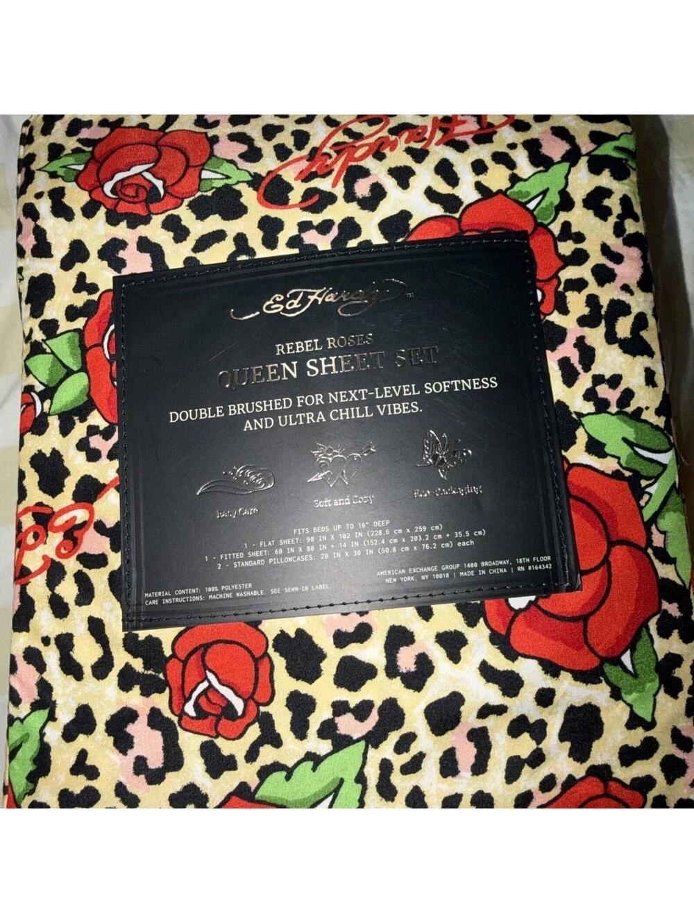 Ed Hardy Leopard Print with Red Roses & Logos 4pm QUEEN Sheet Set NWT